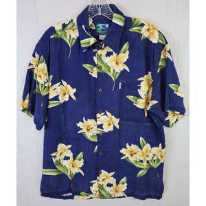 Mens Hawaiian Moon Blue Floral Shirt Button Front Size M Herringbone Rayon M1001